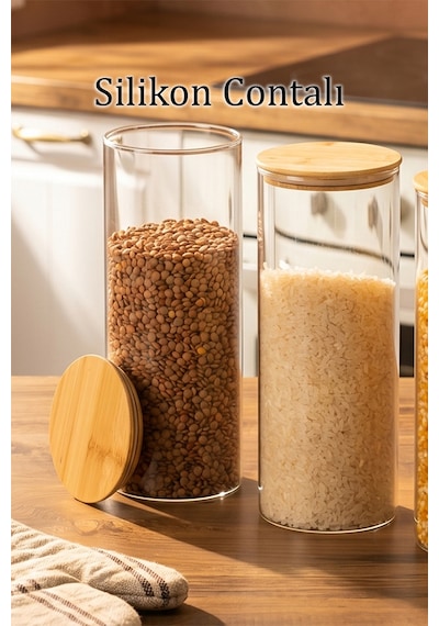Porsima 3-3 Bambu Vakumlu Kapaklı Yuvarlak Borosilikat Cam 3lü Kavanoz Seti Saklama Kabı 1650ml 10x25cm Cam - Şeffaf
