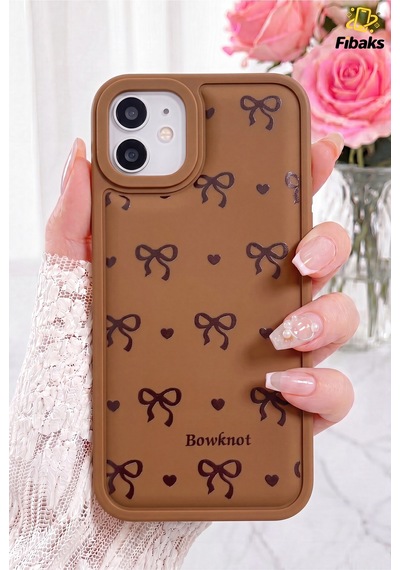 Fibaks iPhone 11 Uyumlu Kılıf Yumuşak Dokulu Fiyonk Desenli Kahverengi Yumuşak Kamera Korumalı Silikon Kapak