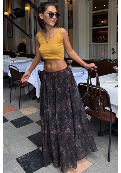 Madmext Siyah Çiçek Desenli Vintage Şifon Maxi Etek Mg2776