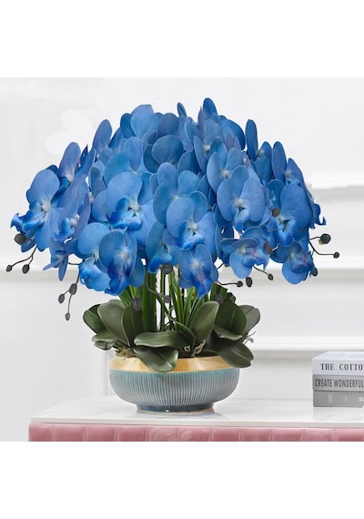 4lü Set Yapay Çiçek Mavi Islak Orkide Ve 2 Adet Orkide Yaprağı Gerçeksi Doku Uzun Dal 90cm