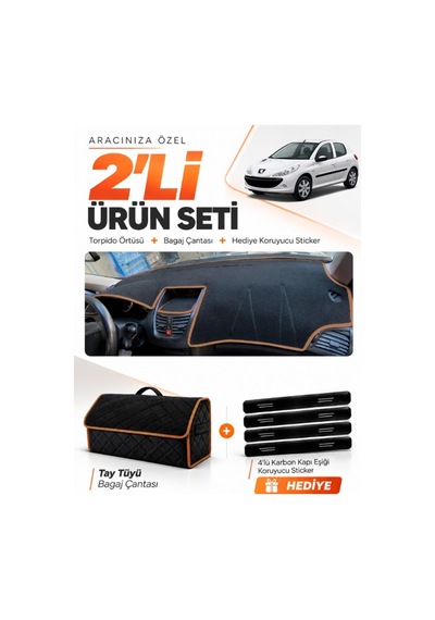Peugeot 206+ 2009-2013 Uyumlu Torpido Örtüsü + Tay Tüyü Bagaj Çantası + Sticker - Siyah Kahverengi