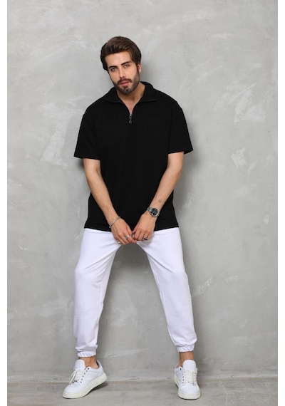 Novalisse Erkek Yarım Fermuarlı Düz Oversize T-shirt - Siyah Çoklu Renk