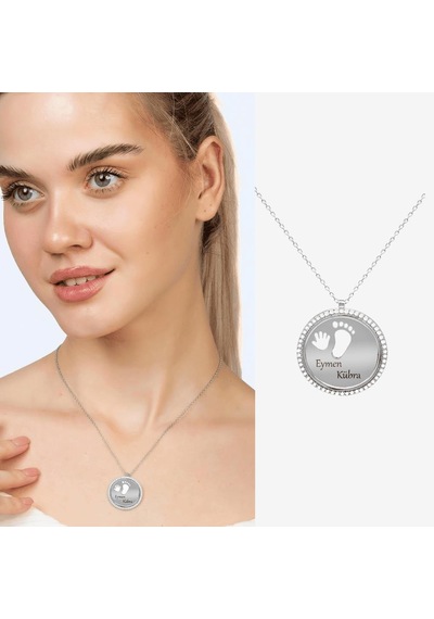 Tesbihane Zirkon Taşlı Bebek El/ayak Detaylı Silver Renk Kişiye Özel İsim/harf Yazılı 925 Ayar Gümüş Kadın Kolye