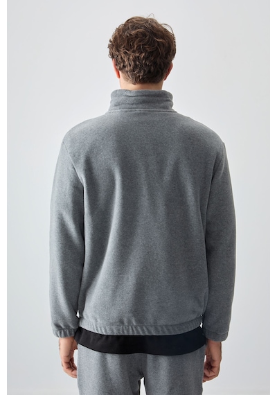 Tommy Life Gri Melanj Yarım Fermuar Dik Yaka Lastik Paça Polar Erkek Eşofman Takımı - 85159 GRİ MELANJ