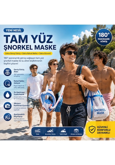 Hymark Çift Tüplü Şnorkel Maskesi S-m Beden Tam Kuru Dalış Yüzme Maskesi Full Face Dalış Gözlüğü Beyaz - Mavi
