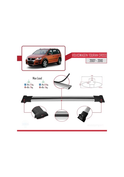 Volkswagen Touran Cross 2007-2010 Arası İle Uyumlu Fly Model Ara Atkı Tavan Barı Gri 3 Adet Bar