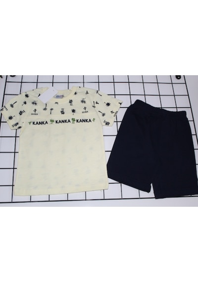 Beyzababykids %100 Pamuk Erkek Çocuk Tshirt Şort Ikili Takım Krem - Lacivert
