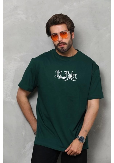 Unisex Bisiklet Yaka Baskılı Oversize T-shirt - Yeşil