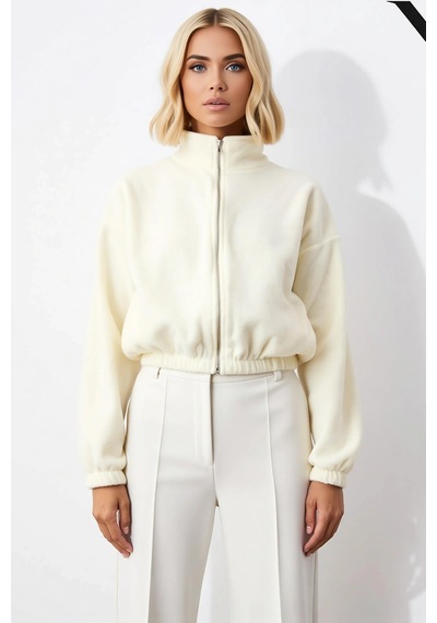 Benerly Kadın Dik Yaka Düşük Kol Fermuarlı Crop Polar Sweatshirt Fonksiyo Ekru