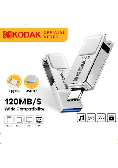 Kodak 32gb. Type-c Ve Usb 3.1 Çift Girişli Minik Hızlı Usb Flash Bellek Otg Çift Girişli  Metal Ve Sağlam 32 GB