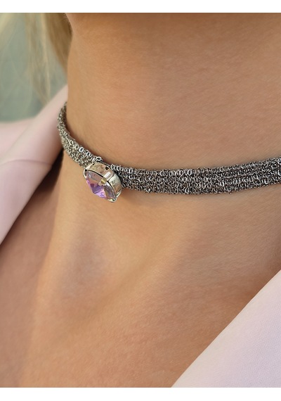 Kordon Zincir Örme Kristal Taşlı El Yapımı Choker Tasma Lila Silver Renk Kolye