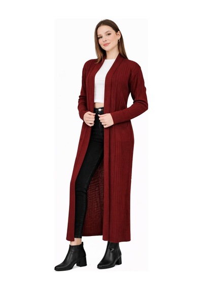 Onno Style Women Standart Beden Uzun Triko Fitilli Kadın Ceket Bordo