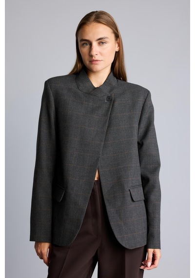 Defacto Ekose Desenli Asimetrik Hakim Yaka Blazer Ceket I2913ax26aubn601 Kahve-bn601