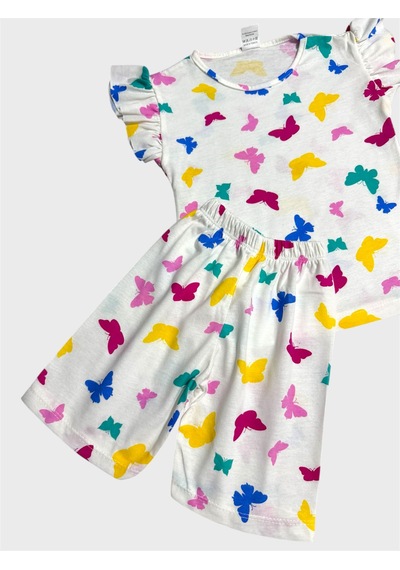 Aliş Kids Kız Çocuk Pamuklu Beyaz Desenli Kolları Fırfırlı Şortlu Yazlık Pijama Takımı