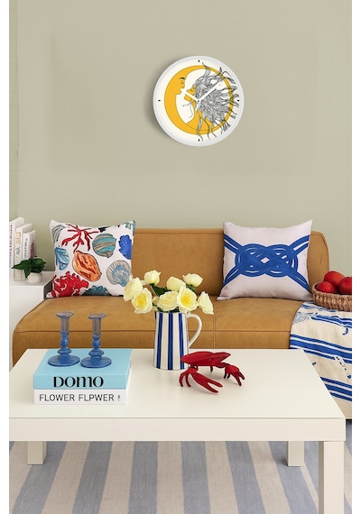Güneş Ve Ay Aşıklar Desenli Modern Duvar Saati - 35cm - Önü Camlı Beyaz Kasa - Sessiz Mekanizma Beyaz