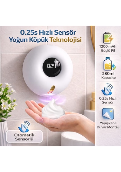 Polham Akıllı Sensörlü Köpük Sabunluk 280ml 0.25s Hızlı Sensör Şarjlı Dijital Ekranlı Otomatik Sabunluk Beyaz
