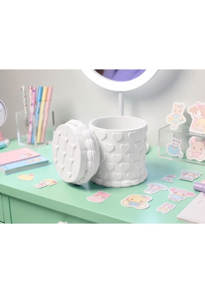 3d Baskı Kabartma Kalp Desenli Kapaklı Kalemlik - Masaüstü Organizer - Beyaz Çok Renkli