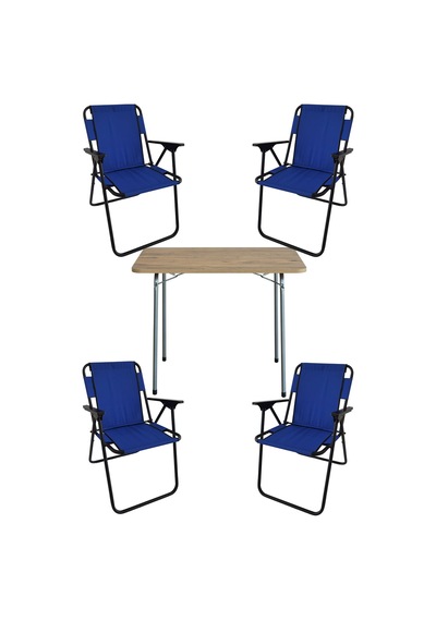 Bofigo 60X80 Çam Desenli Katlanır Masa + 4 Adet Katlanır Sandalye Kamp Seti Bahçe Takımı Mavi