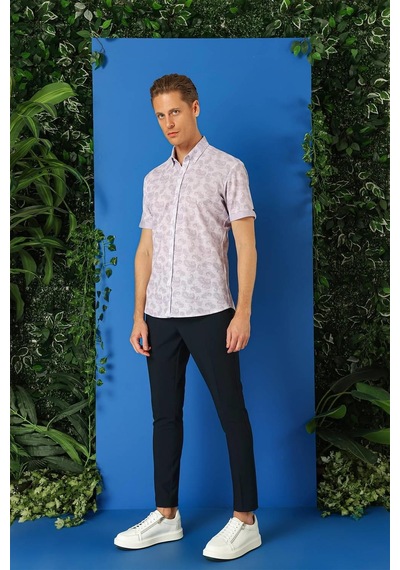 Efor Slim Fit Düğmeli Yaka Şal Desenli Kısa Kol Pamuk Lila Gömlek G 1501 Lila