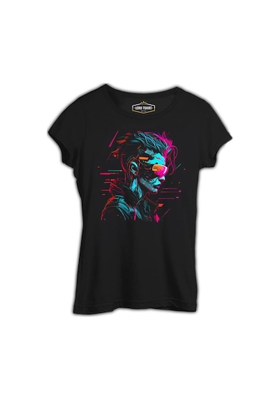 Woman Wearing Vr Glasses Siyah Kadın Tshirt 001