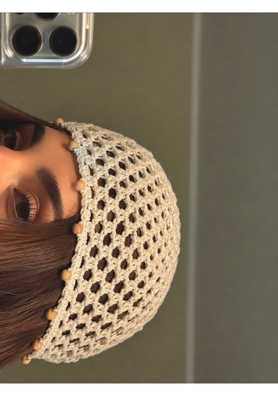 Algebutik Krem Boncuk Detaylı El Örgüsü File Bere