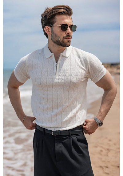 Madmext Ekru Regular Fit Polo Yaka Triko Erkek Tişört E7503