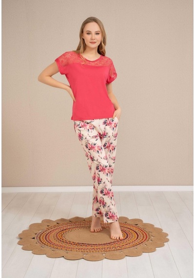 Baha Perfect Club Kadın Bisiklet Dantel Yaka Yarım Kol Pijama Takımı 4352 - 1 Adet Fuşya
