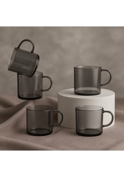 Elta Collection 6 Lı Füme Cam Kupa Kahve Fincanı Isıya Dayanıklı, Minimal Tasarım, 120 Cc Gri