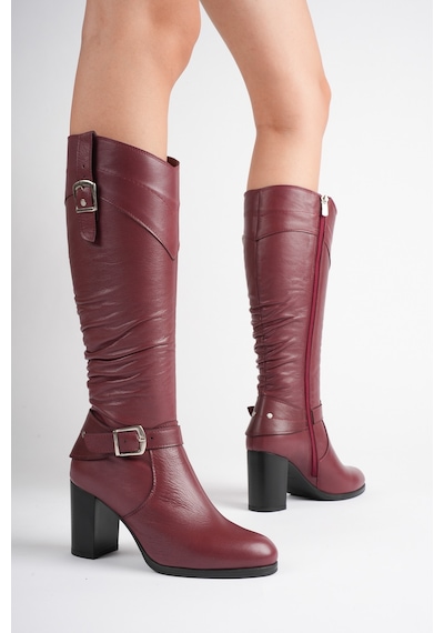 Analin Shoes Kadın Hakiki Deri Körüklü Toka Detaylı Topuklu Çizme Bordo