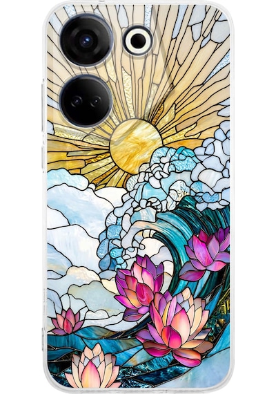 Printify Tecno Camon 20 Pro İle Uyumlu Vitray Okyanus Sabahı Tasarımlı Şeffaf Silikon Kılıf Şeffaf