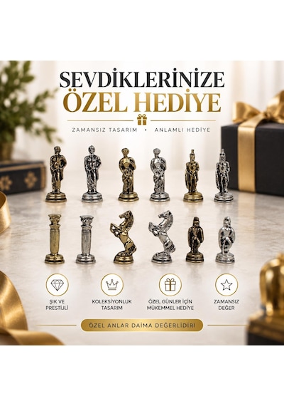 Lüks Metal Satranç Takımı Osmanlı Bizans Figürlü Krom Kırmızı Mermer Desenli 20 X 20 Premium Hediye