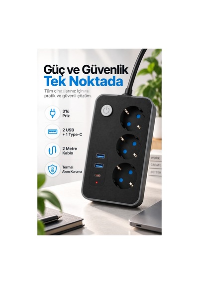 Robeve Blic 3 Lü Termal Akım Korumalı Uzatma Prizi 2 Metre Kablolu, 2 Usb + 1 Type-c Hızlı Şarj, Çocuk Korumalı, Aç/kapa Anahtarlı Çoklu Priz Grup Priz Grup Uzatma Prizi 3'lü Priz 2 M Robeve Blic 3 Lü Termal Akım Korumalı Uzatma Prizi 2 Metre Kablolu, 2 Usb + 1 Type-c Hızlı Şarj, Çocuk Korumalı, Aç/kapa Anahtarlı Çoklu Priz Grup Priz Grup Uzatma Prizi 3'lü Priz 2 M
