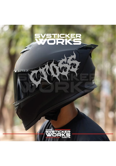 Cross Yazılı Kask Sticker Tüm Kasklar Uyumlu Tek Yön 1 Adet Gri