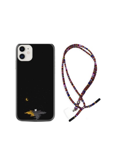 Apple Uyumlu iPhone 13 Kılıf Rasta Boyun Askılı Ay Ve Kedi 1683