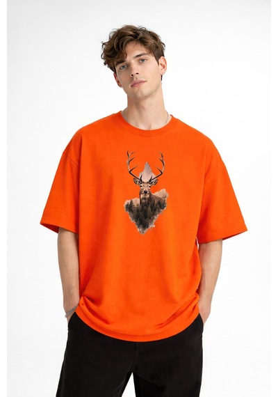 Misa Tahtakale Deer - Oversize Erkek Tişört Turuncu Çok Renkli