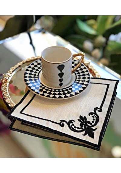 Köşeli Siyah 6'lı Linen Keten Kahve Yanı Kokteyl Sunum Parti