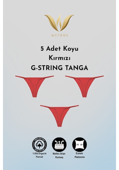 Wcreas Kadın İpli Tanga, Pamuklu Yumuşak Kumaş G-string Tanga 5'li Paket Bordo Bordo