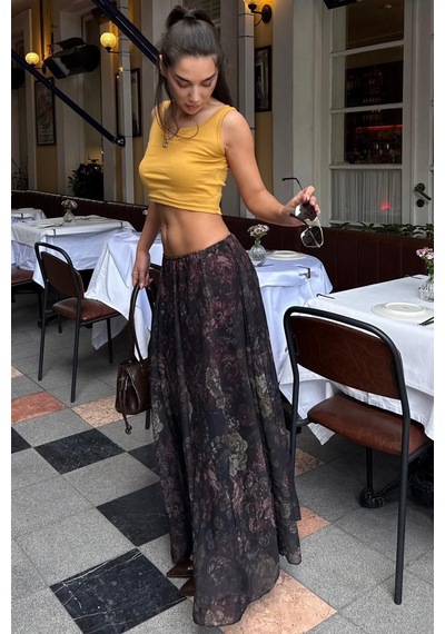 Madmext Siyah Çiçek Desenli Vintage Şifon Maxi Etek Mg2776
