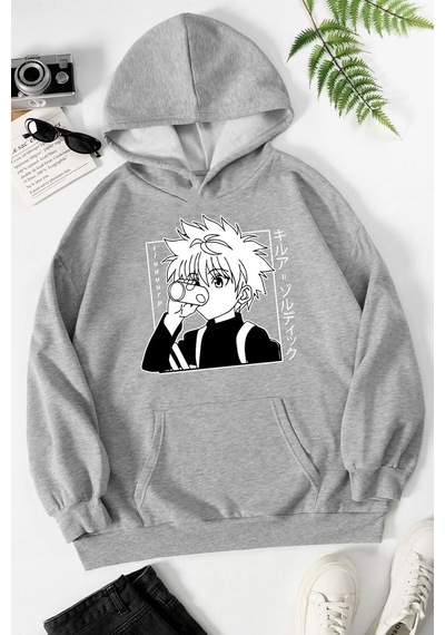 Uyguntarz Unisex Killua Zoldyck Baskılı Sweatshirt Gri