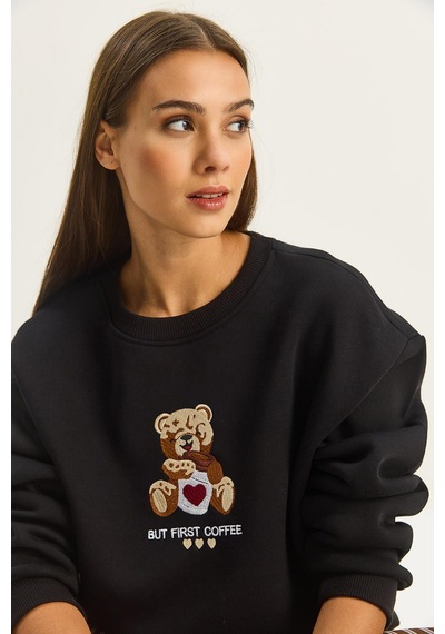 Shade Kadın Teddy Nakış Detaylı Üç İplik Şardonlu Sweatshirt 60601044 - Siyah