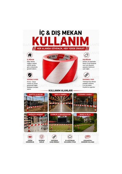 İkaz Bandı 6 Cm X 110 Metre Kırmızı Beyaz Güvenlik Uyarı Şeridi Şantiye Depo Otopark Ve Etkinlik Ala