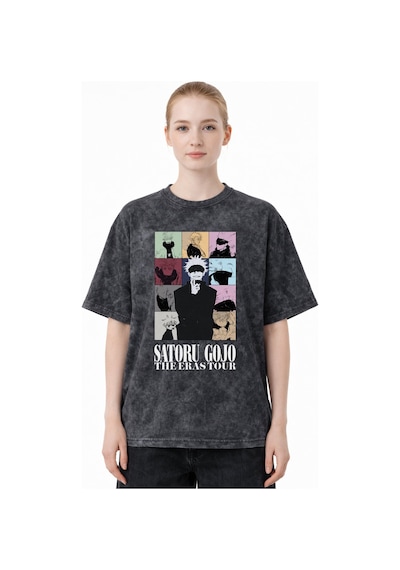 Sevbano Gojo Satoru Jujutsu Kaisen Anime Baskılı Unisex Oversize Eskitme Siyah