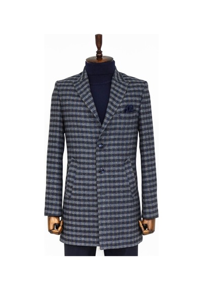 Wessi Kaşe Kareli Geniş Yaka Slim Fit Lacivert Erkek Palto 001