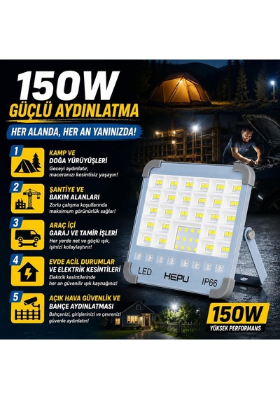 Hp-l33 Güneş Enerjili Taşınabilir Led Çalışma Lambası 150w Güç Ip66, Usb + Solar Şarj Mıknatıslı Taban
