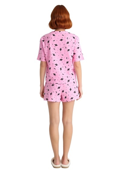 Ersefa Kadın Uzay Temalı Pijama Takımı Bisiklet Yaka Kısa Kollu Fonksiyo Pembe