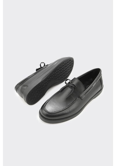 Derinet Hakiki Deri Püsküllü Kadın Loafer Siyah Siyah