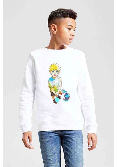 Tshirthane Anime Naruto Uzumaki Baskılı Unisex Çocuk Beyaz Sweatshirt Beyaz