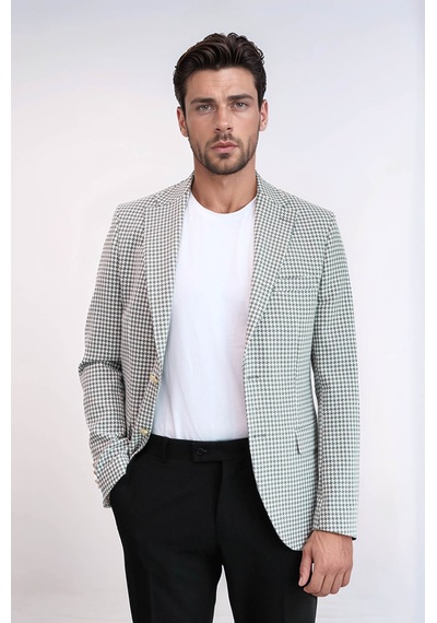 Açık Gri Kazayağı Desenli Gold Renk Metal Düğmeli Slim Fit Erkek Blazer Ceket - Wessi Grey