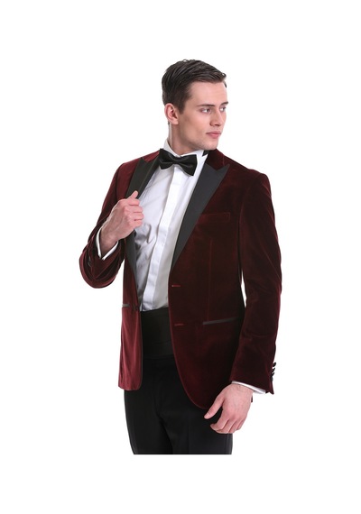 Hatemoğlu Bordo Slim Fit Düz Sivri Yaka Kadife Klasik Smokin Damatlık 3312 Bordo