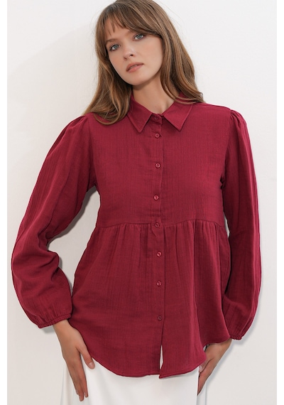 Bigdart Kadın Dokulu Oversize Keten Gömlek 20381 - Bordo